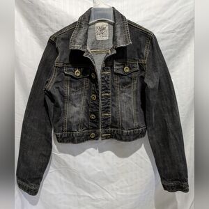 Old Navy Girl's Cropped Black Denim Jacket Lightly Distressed Size XL Casual